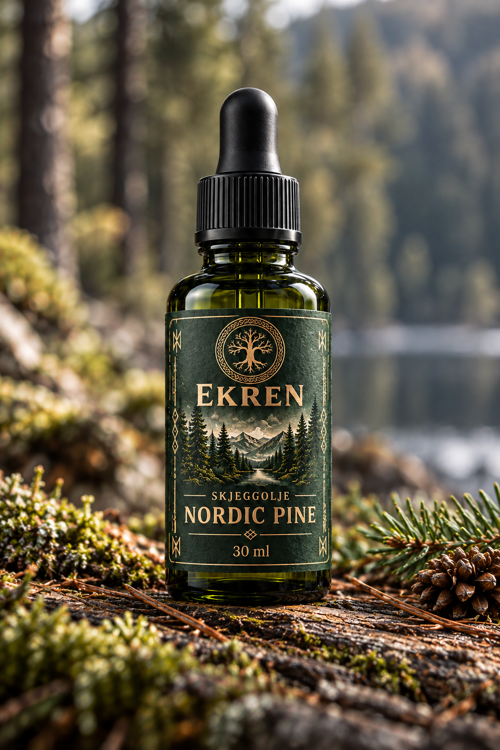 Nordic Pine skjeggolje fra Ekren Grooming i grønn flaske i naturlig skogsmiljø