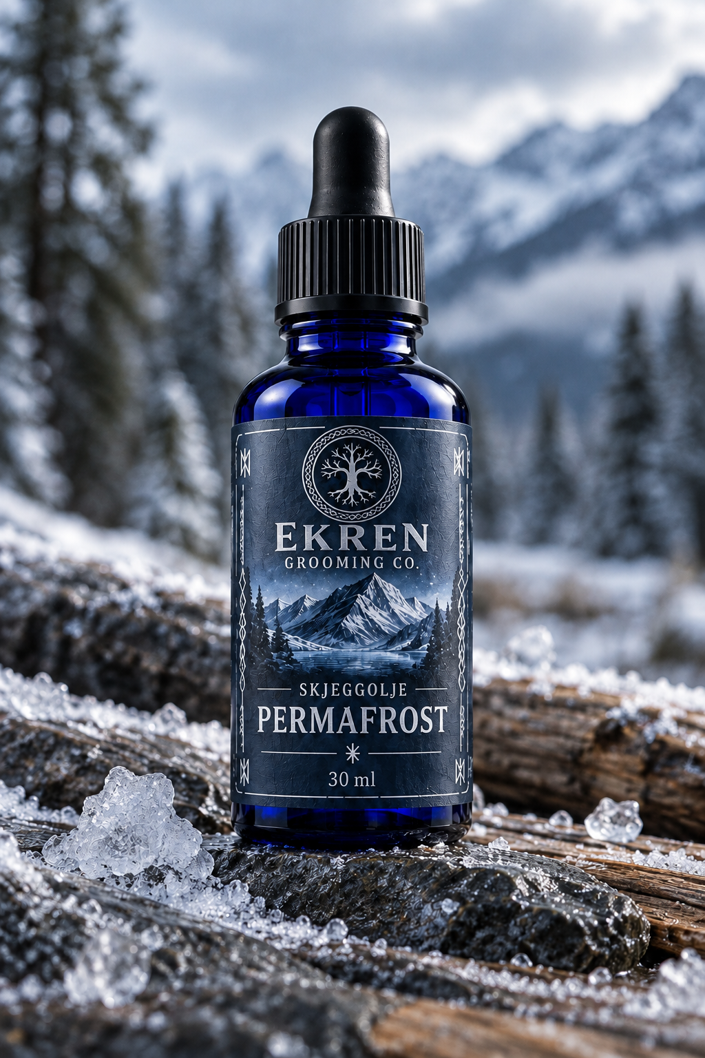 Permafrost skjeggolje fra Ekren Grooming i koboltblå flaske på frossen trestamme